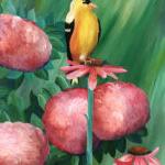Painting of yellow bird on flower